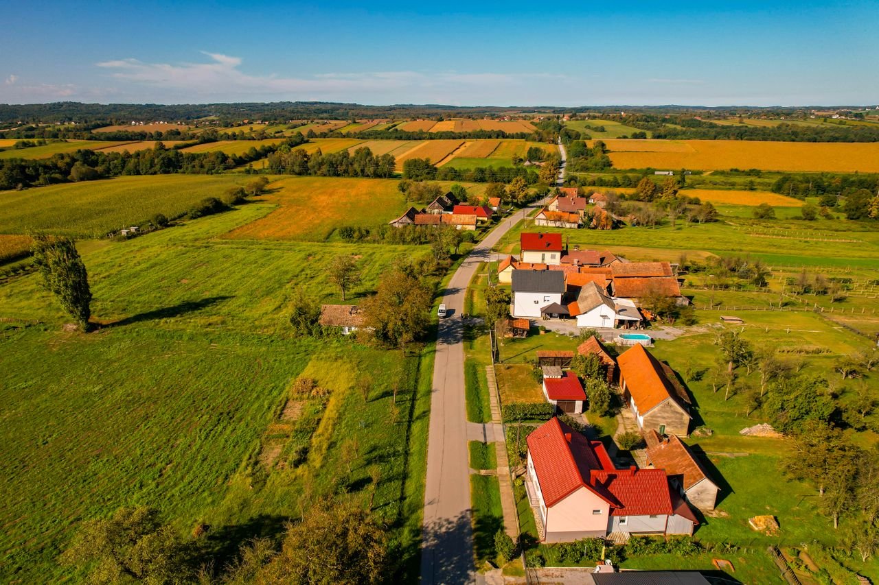 A stunning aerial view of the rural landscape and village near Garešnica, Croatia.